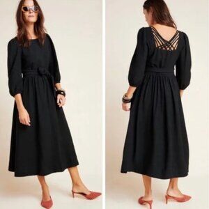 ✨🖤 sz M NWT Anthropologie The Odells Black 3/4 Sleeve Midi Dress waist tie belt